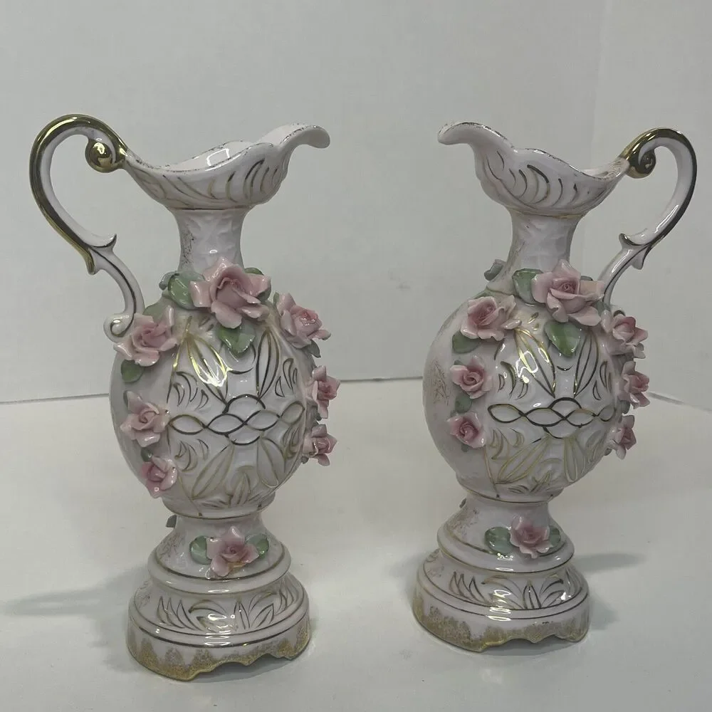 Vintage Lefton China Pink Roses Pitcher Vase Pair See Description